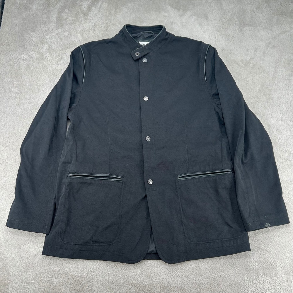 Armani Collezioni Blazer Jacket Men 44 Black Stand Collar Leather Trim Outerwear